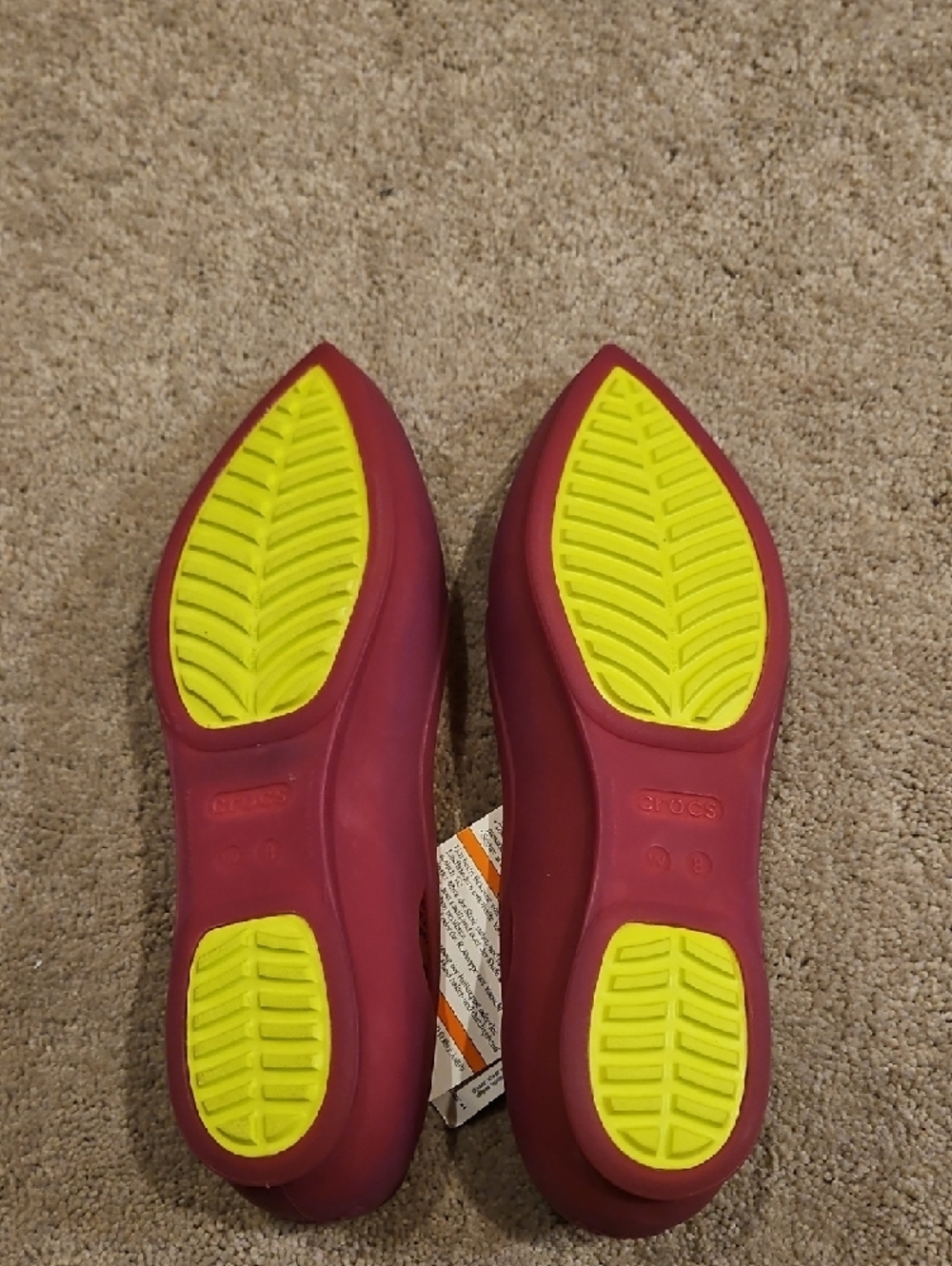 CROCS Women's Dark Pink Pointed-Toe Flats with Yellow Insole - Picture 7 of 10
